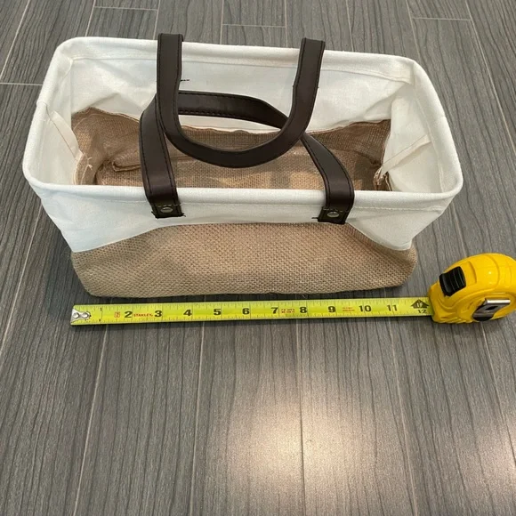 White and Tan Canvas Gift Tote with faux Brown Leather Handles - Picture 5 of 7